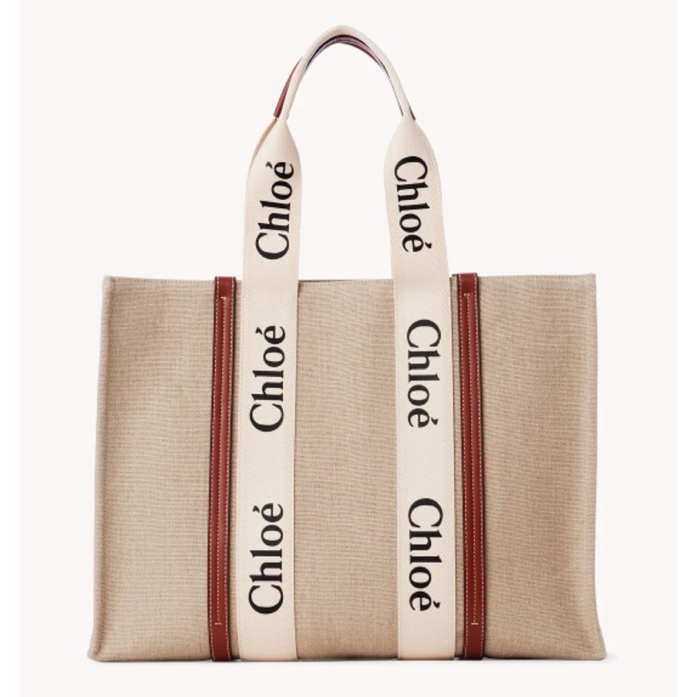 Chloé Beige Canvas Tote with Cream Logo Straps and Brown Trim